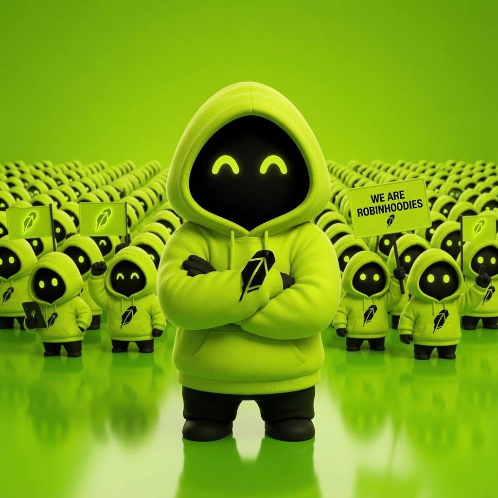 Robinhoodies degen mascot wearing a lime green hoodie